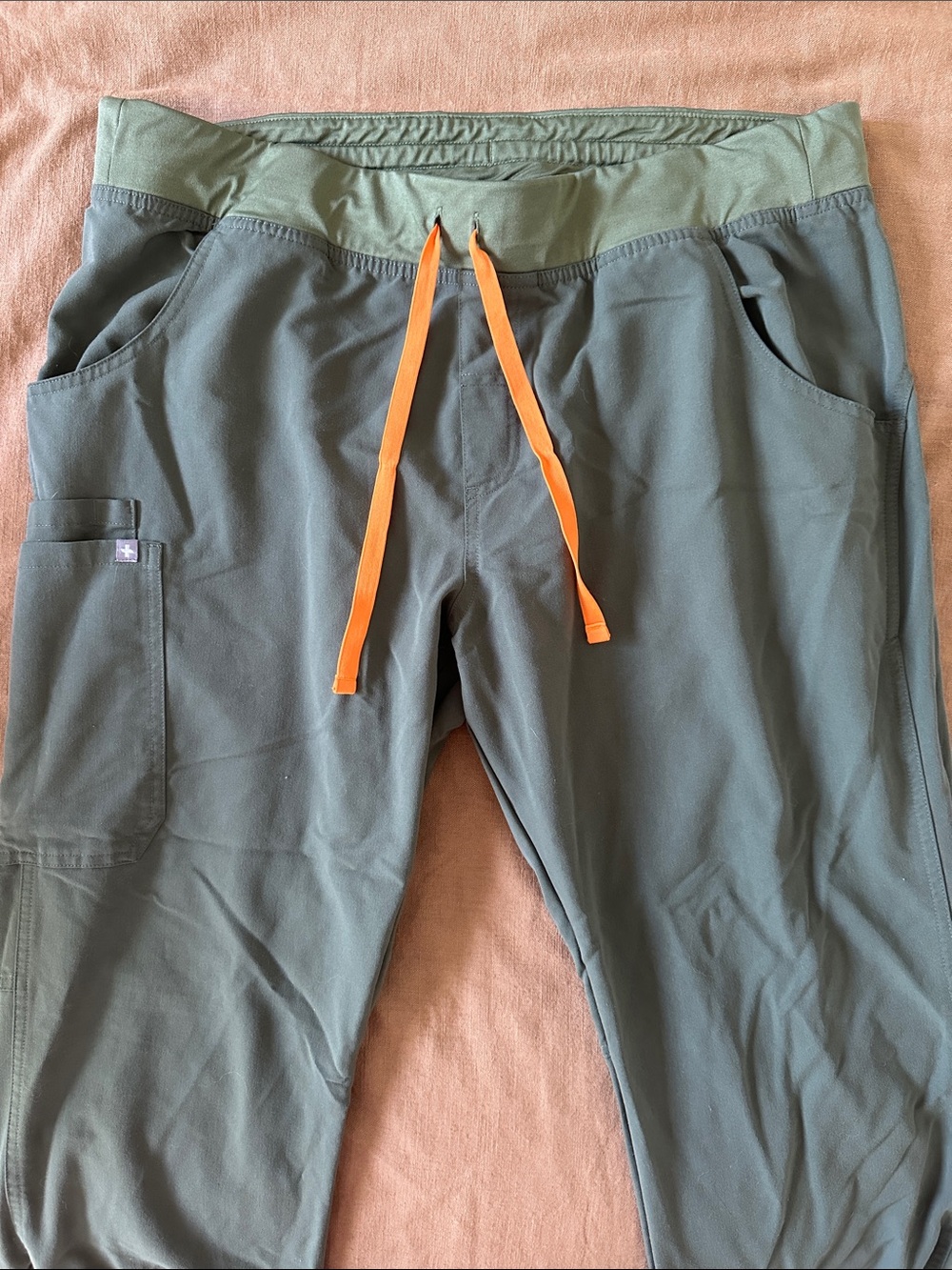 Figs Kade Straight Leg Olive Green Scrub Pants with Orange Drawcord
